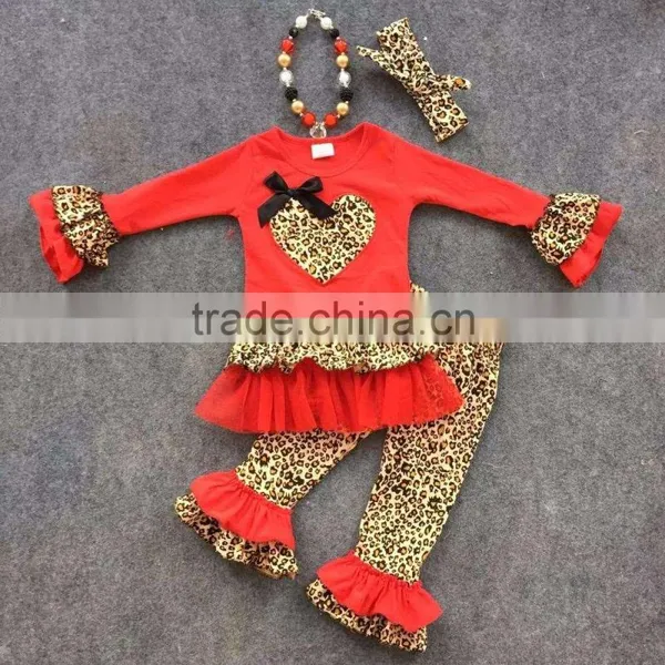 2016 New Baby Girls Spring Outfit Suit Red Leopard Top Kids Clothes With Matching Accessories