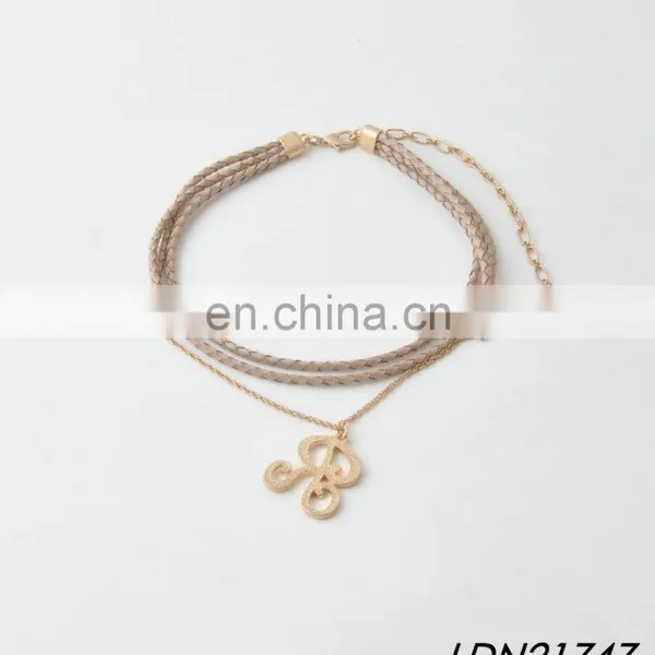 Layered Brown Handknitted Leather Necklace Jewelry Initial Pendant Gold Necklace Sets photo-2