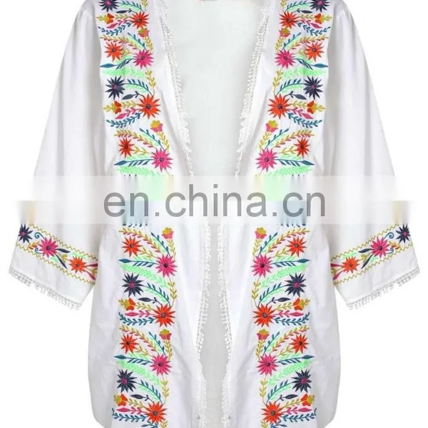 BRIGHT EMBROIDERED KIMONO Latest Beach Kimono Soft Cotton Fabric Embroidered Kimono With Fringed Hem photo-3