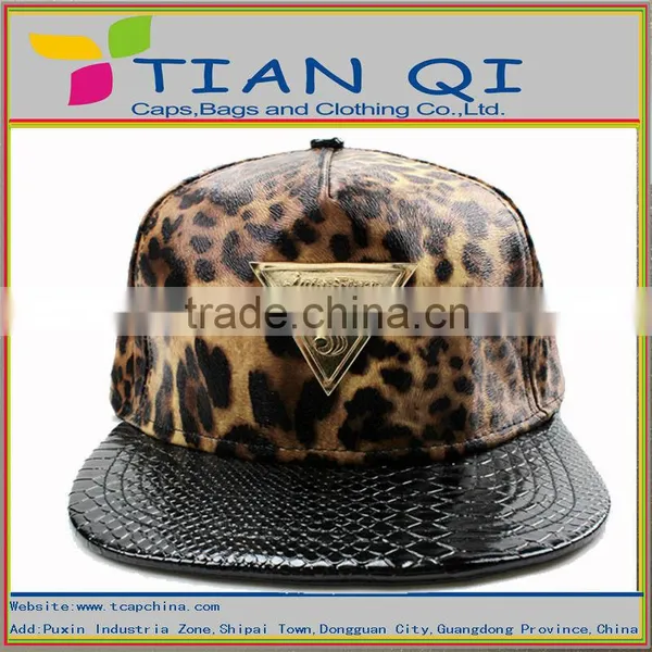 Custom Made With Leopard Skin High Quality Leather 5 Panel Snapback Caps