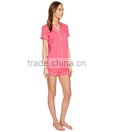 Pink Short Pyjamas Set Contrast Piping New York Pajamas Sleepwear Clothing Short Sleeves And Short Pants Shirttail Hem Nightwear photo-5