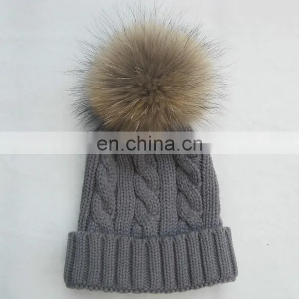 Fashion Knit Cable Hats With Big Natural Raccoon Fur Pom Poms photo-3
