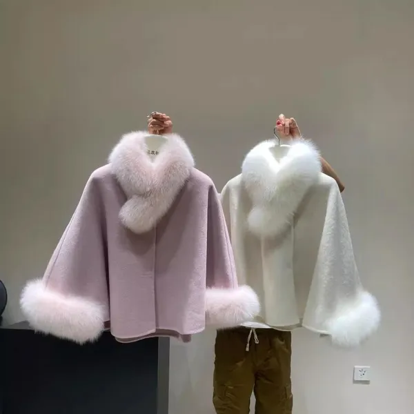 Women's Double-Sided Cashmere Coat With Fur Collar, Short Winter Overcoat for Petite Ladies, Luxurious Woolen Jacket With Fox Fur Trim
