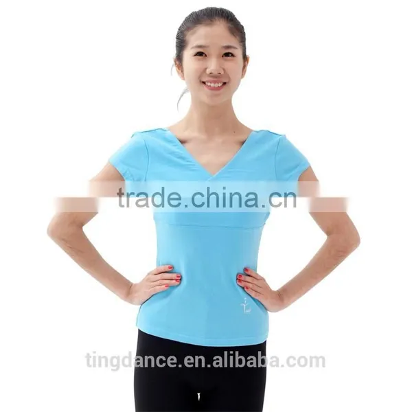 2015 Wholesale Light Blue Wrap Front Gymnastic T-shirt