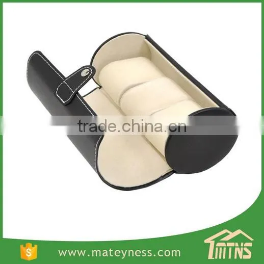 Black 3-slot Leather Cylinder Watch Box photo-5
