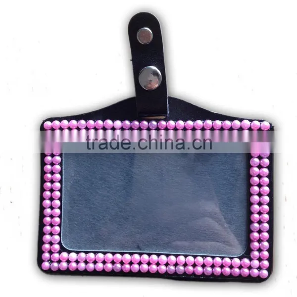 Pearl Style ID Holder, High Quality Promotion Gift PU Leather Badge Holder With Crystal Gem Decoration photo-4