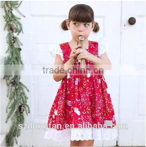 Wholesale Kids Christmas Chevron Clothing Girls Christmas Eyelet Lace Red Dress photo-2
