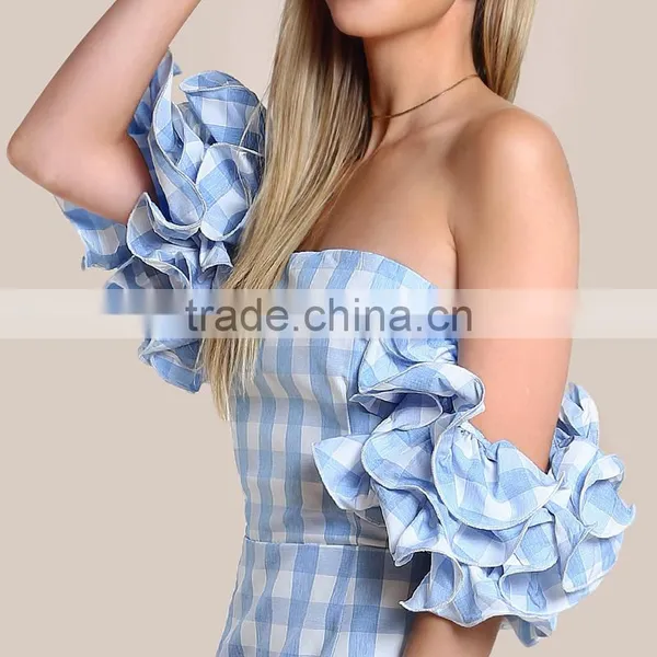 Cute Frill Puff Sleeve off the Shoulder Blue Gingham Mini Dress photo-6