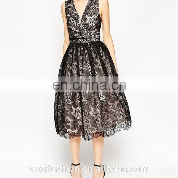 2016 Latest Style Organza Cut-out Back V-neckline Fashion Floral Lace Midi Prom Dress photo-5