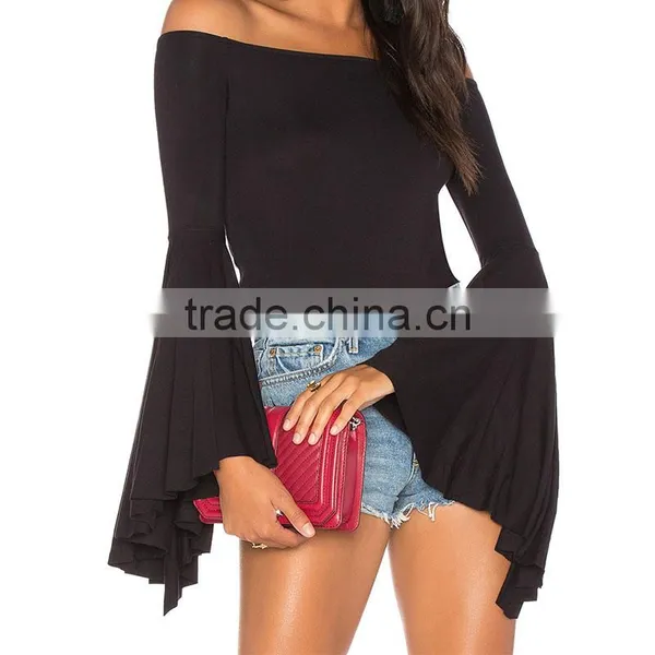 100% Rayon Solid Color Black Bell Sleeve off Shoulder Bardot Top photo-6