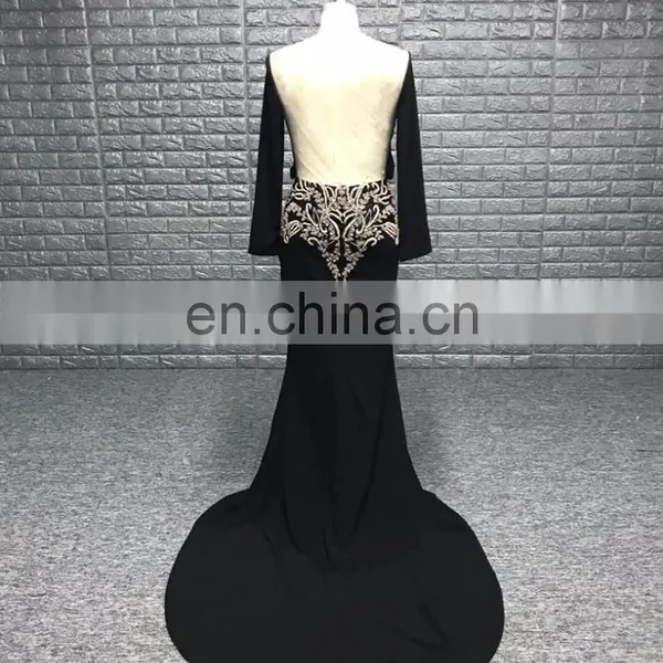 Sexy Deep V Neckline See Though Back Handwork Beading Lady Evening Dress Long Sleeve photo-2