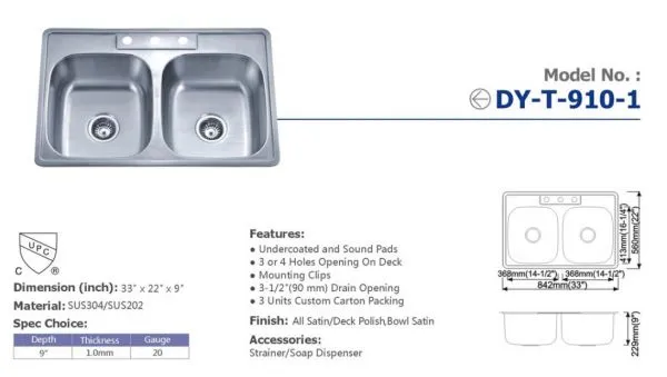 Top Mount Stainless Steel Kitchen Sink With Satin Finish (910-1) photo-2