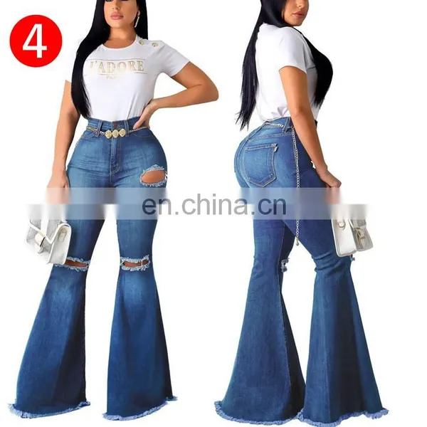 Women Denim High Waist Flare Pants Boyfriend Ripped Jeans Lady Skinny Bell Bottom Jeans Pant Wide Leg Mom Jeans Plus Size photo-4