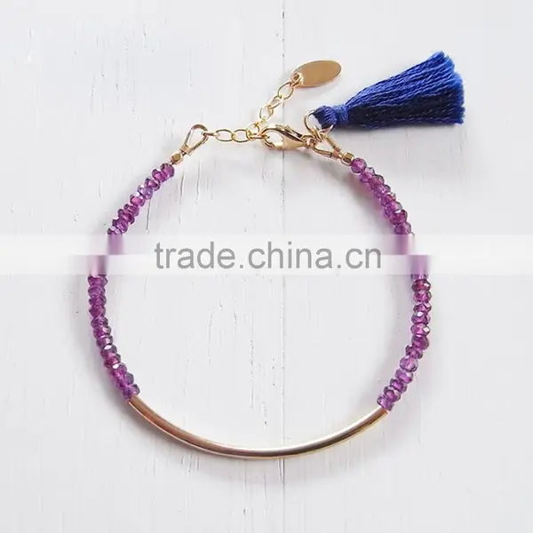 Wholesale Rose Quartz Bead Bracelet With Green Tassel Charm Brass Tube for Girl photo-4