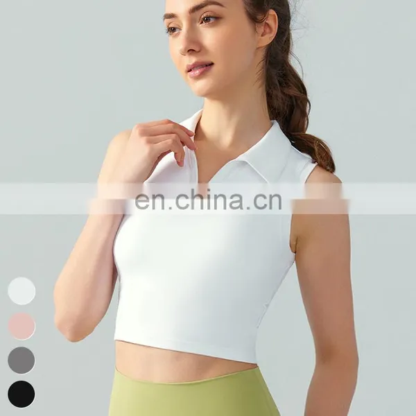 Custom Logo Fixed Pad Vest Slim Thin Breathable Fitness Running Crop Tops Lapel Sleeveless Sports Top Yoga Tank Top For Women photo-2
