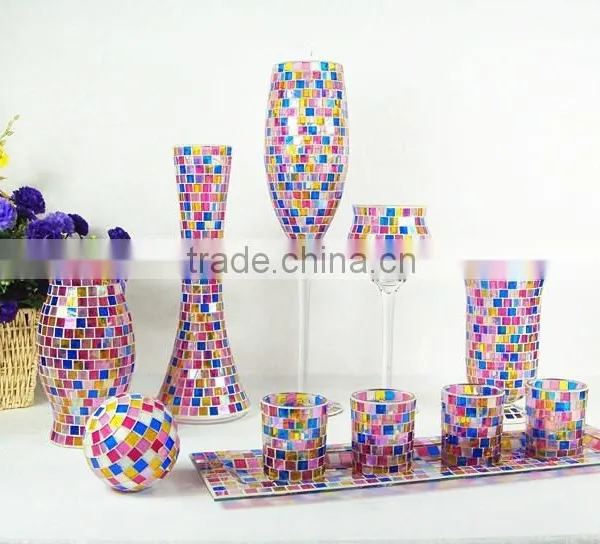 Xmas Shining Red Glass Mosaic Candle Holder Sets