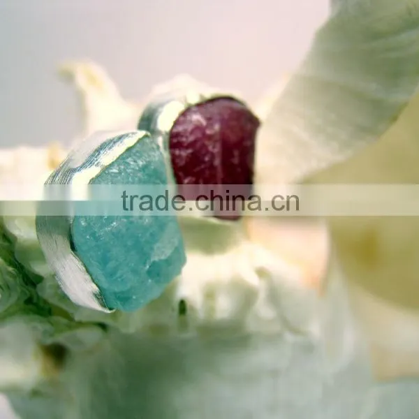 Ruby & Aquamarine Rough Natural Gemstones Rings, Matt Finish Adjustable Rings, 925 Solid Sterling Silver Rings photo-3