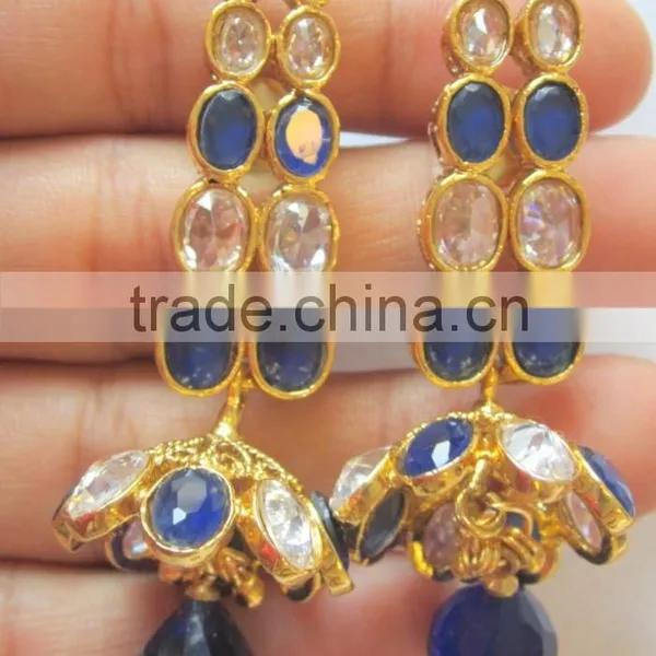 Polki Crystal Sapphire Blue Necklace Jhumka EARRING Bridal Set photo-4