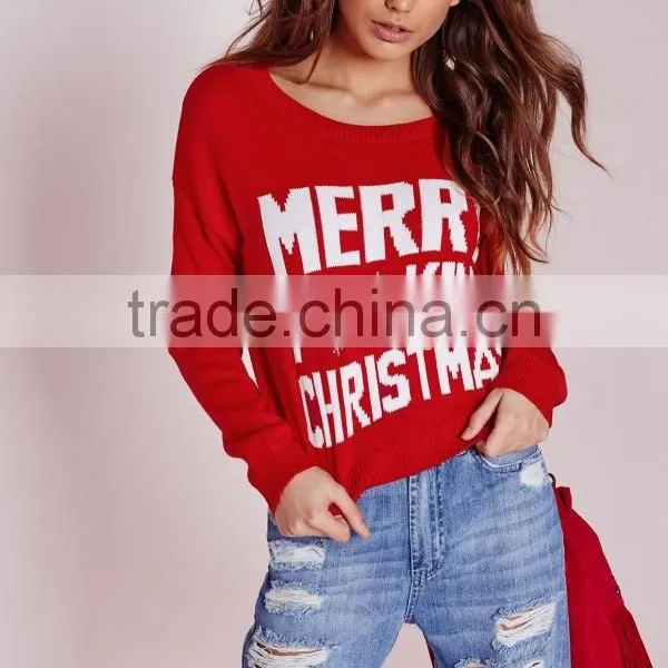 Custom Design Women Merry Christmas Crew Neck Cropped Jumper Red Knitwear Sweater Pullover photo-4