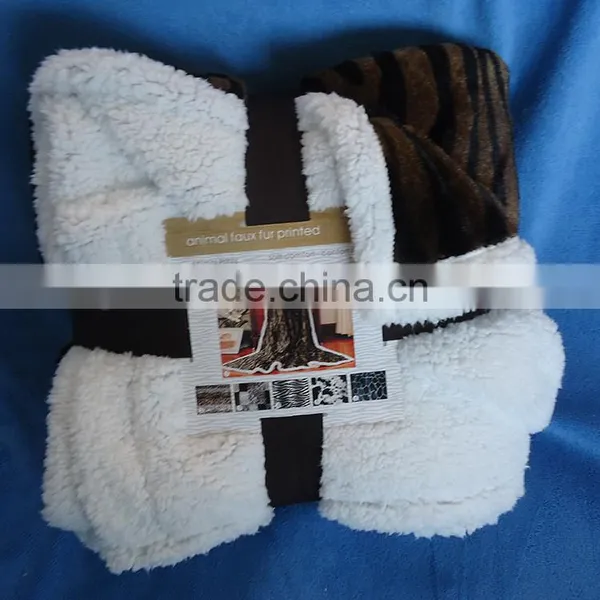 Polyester Printed With Tiger Skin pv Fleece Sew With Sherpa Ribbon & Color Card Insert pv Fleece Sherpa Blanket