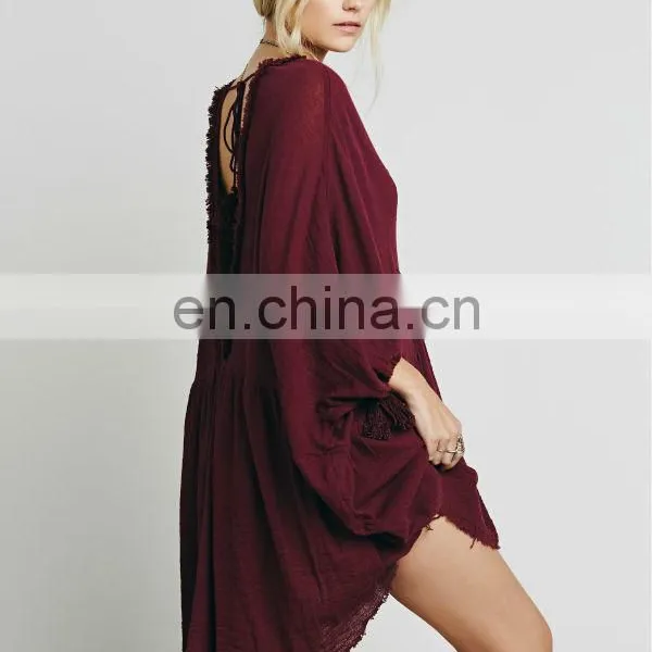 High Quality Raw Hem Cotton Gauze Dress Fashion High Low Tunic Dress photo-5