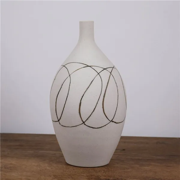 Japanese Abstarct Style Large White Hand Made Line Ceramic Vase For Art Home Soft Decoration photo-5