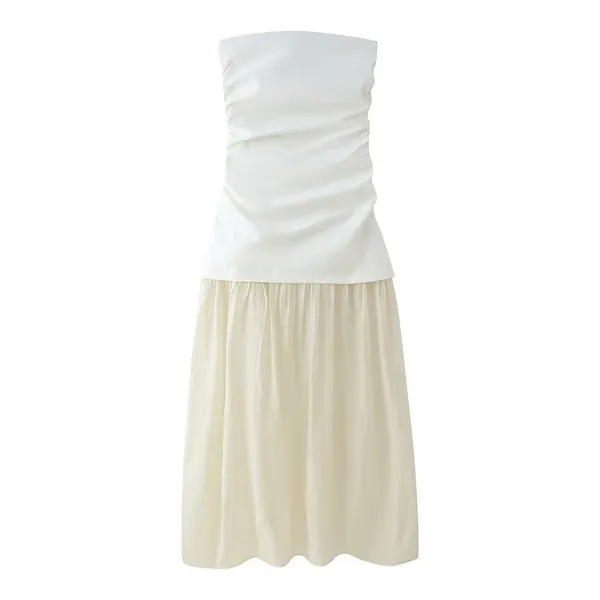 Spring and Summer New Female Actress Elegant Style off Shoulder Straight Neck Contrasting Patchwork Strapless Dress photo-3
