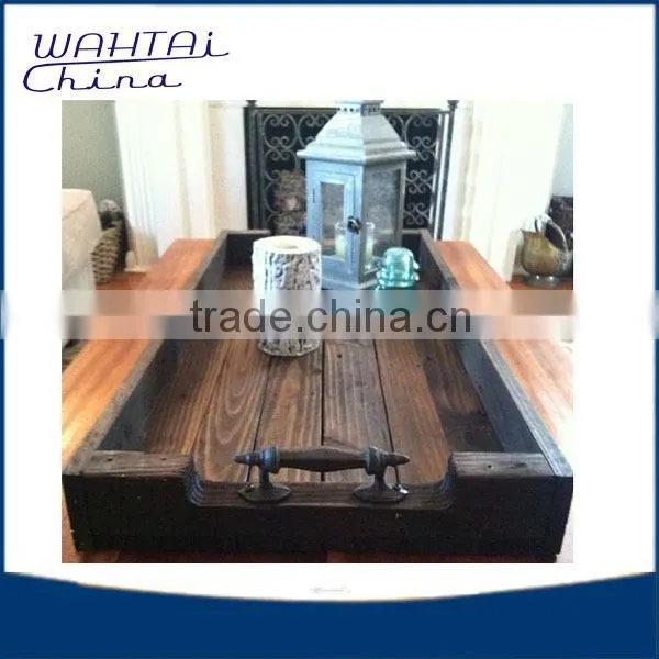 Antique Wood Serving Tray / Wood Shoe Tray With Metal Handles