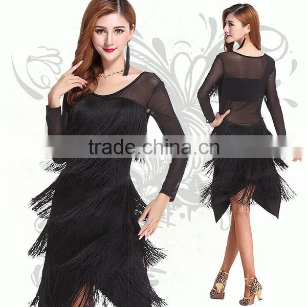 2016 Women Red Black Purple Ballroom Jazz Dance Dress Latin Ladies, Show Girl Long Sleeves Salsa Fringe Dancing Skirt Costume