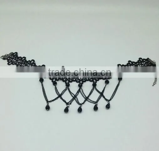 Women Gothic Black Beads Drop Lace Choker Collar Retro Chain Tassel Necklace photo-4