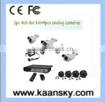lowest price 4 pcs analog waterproof ir bullet cameras and 1 pc h.264 4ch dvr complete cctv system