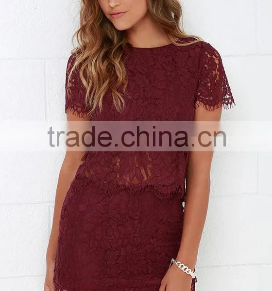 2016 Women Casual Burgundy Lace Dress Two Piece Set Dresses photo-6