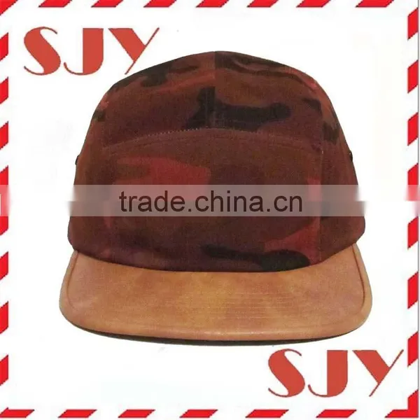 Flat Brim Classic Genuine Leather Strap 5 Panel Hat Cap photo-2