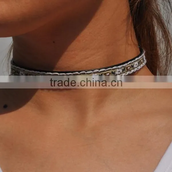 Fabric Leather Choker Necklace Hot Selling Fabric Necklace Handmade Leather Fabric Woman Necklace Jewelry photo-4