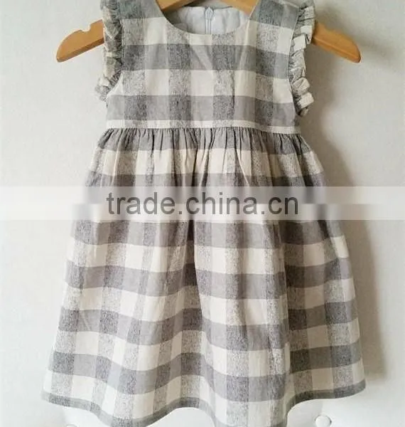 Grey/Cream Check Linen Dress Light Weight Linen Blend Summer Kids Party Dresses photo-4