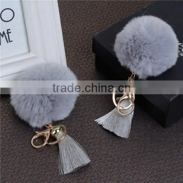 Custom Gold Plated Gray Angora Pom Pom Ball Rayon Tassel Keychain photo-4