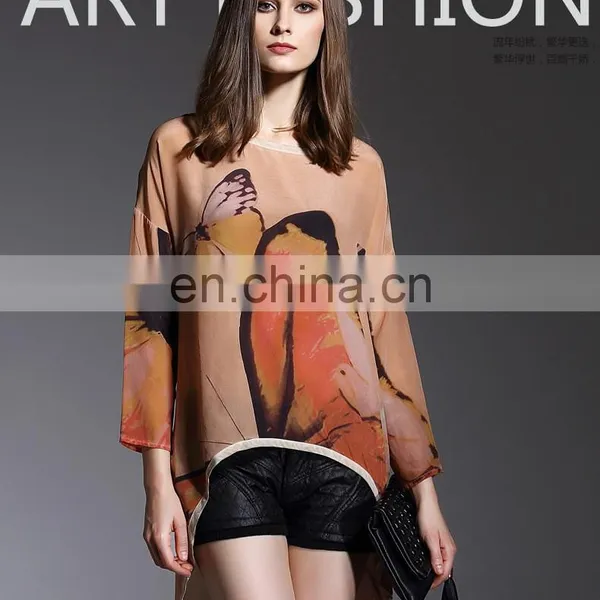 OEM/ODM Ladies Fashion Round Neck Butterfly Digital Printed Plus Size Long Sleeves Silk Blouse