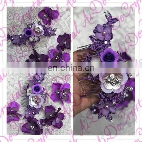 Aidocrystal Purple Classic Lace With Crystal Flower of Hair Comb, Wedding Party Bridal Hair Accessories photo-3