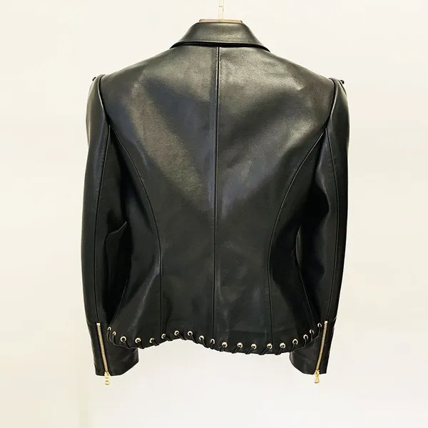 Fashion New Arrival V-neck Corns Metal Leather Jacket Tight Black Zipper Short Women's Clothing photo-4