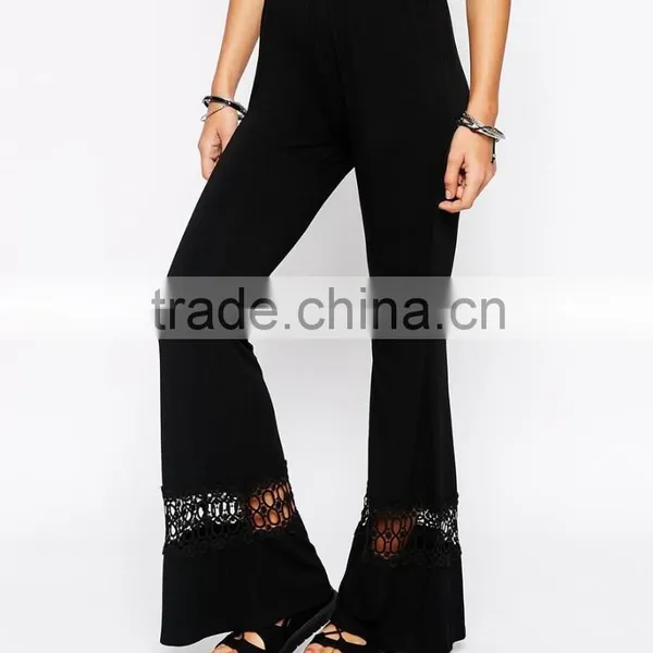 Ladies Wide Leg Flare Pants With Lace Bottom Detail photo-4