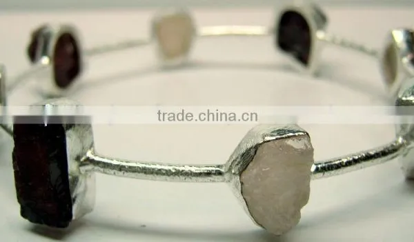 Rough Rose Quartz & Garnet Natural Gemstones 925 Sterling Silver Raw Bangle photo-3