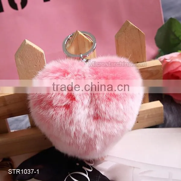 10cm Rabbit Fur Heart Shape Ball PomPom Cell Phone Car Fur Key Chain photo-2