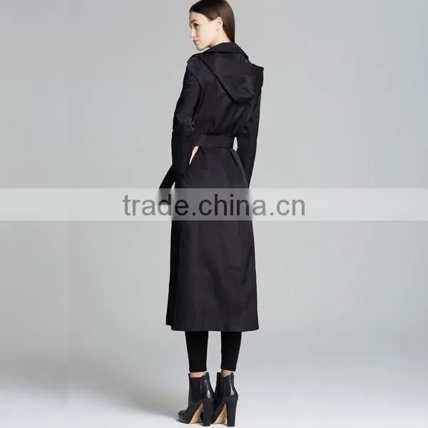 2014 New Fashion Cotton Twill Black Belted Slim Fit Long Maxi Trench Coat for Women photo-3