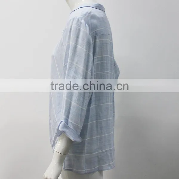 Factory Ladies Summer Tops Charming Cotton Long Sleeve Blue Blouse photo-3