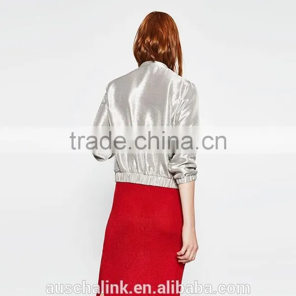 New Style Autumn Cheap Sliver Satin Plain Front Zipper Baseball Jackets photo-3
