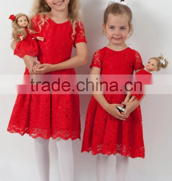 Doll And Me Red Christmas Dress Girls Lace Short Sleeve Dress photo-2