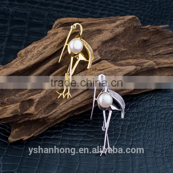 Fashion Gold Zircon White Pearl Crane Brooch Pin photo-3