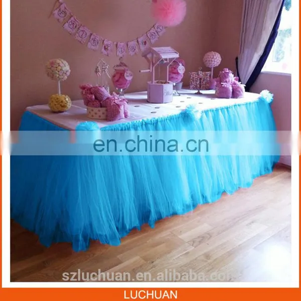 China Factory Wholesale Light Blue Tulle Wedding Hawaiian Table Skirt photo-2
