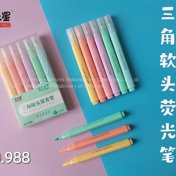 Factory Price 6 Color Pastel Color Fluorescent Soft Fiber Tip Highlighter Triangle Shape Barrel Marker Watercolor Pen photo-4