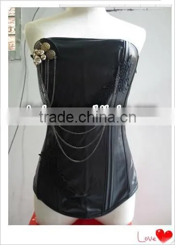 New Sexy Lace Up Black Women Corset Top Bustier Faux Leather Zipper